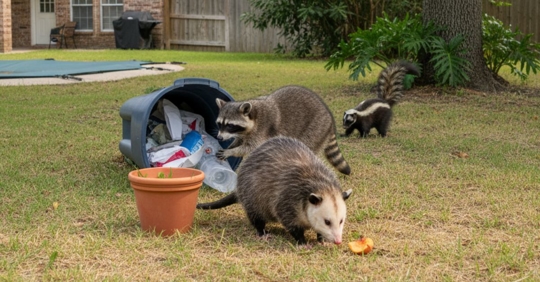 An opossum, a raccoon, and a skunk are in a grassy backyard during the daytime.