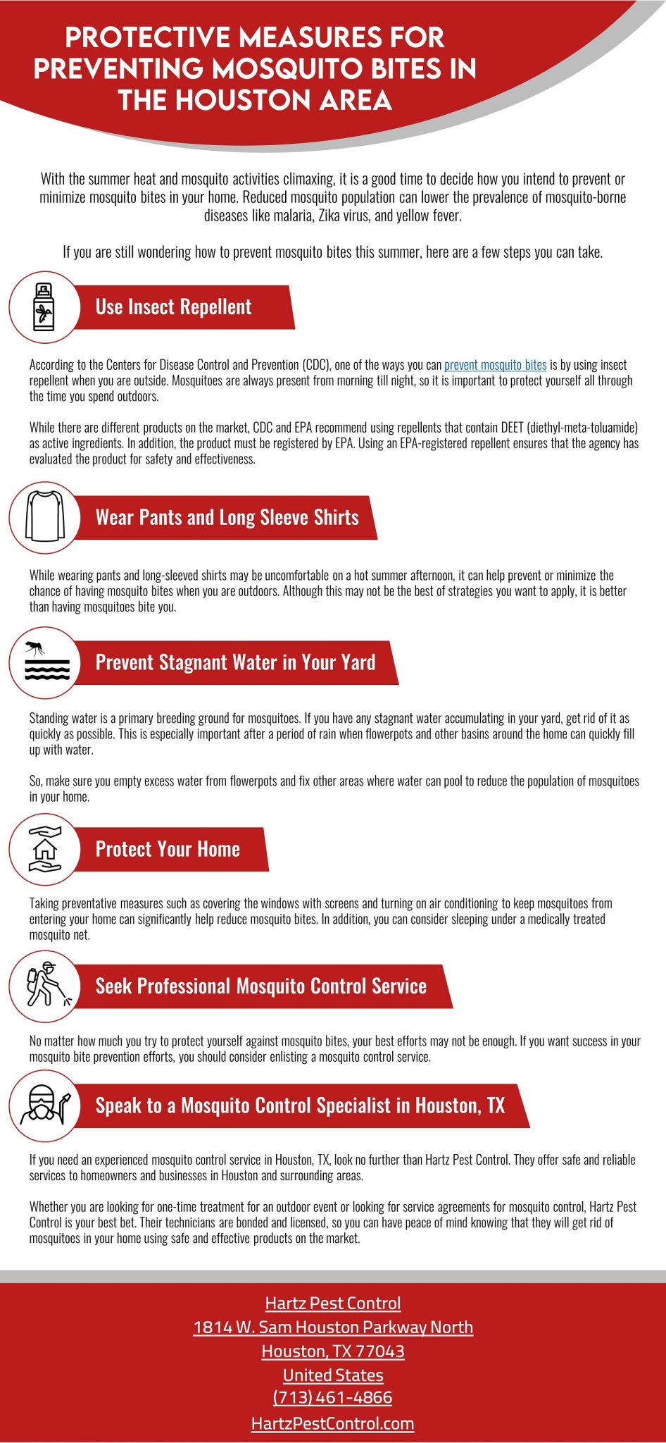 This image is an infographic listing protective measures for preventing mosquito bites in Houston.