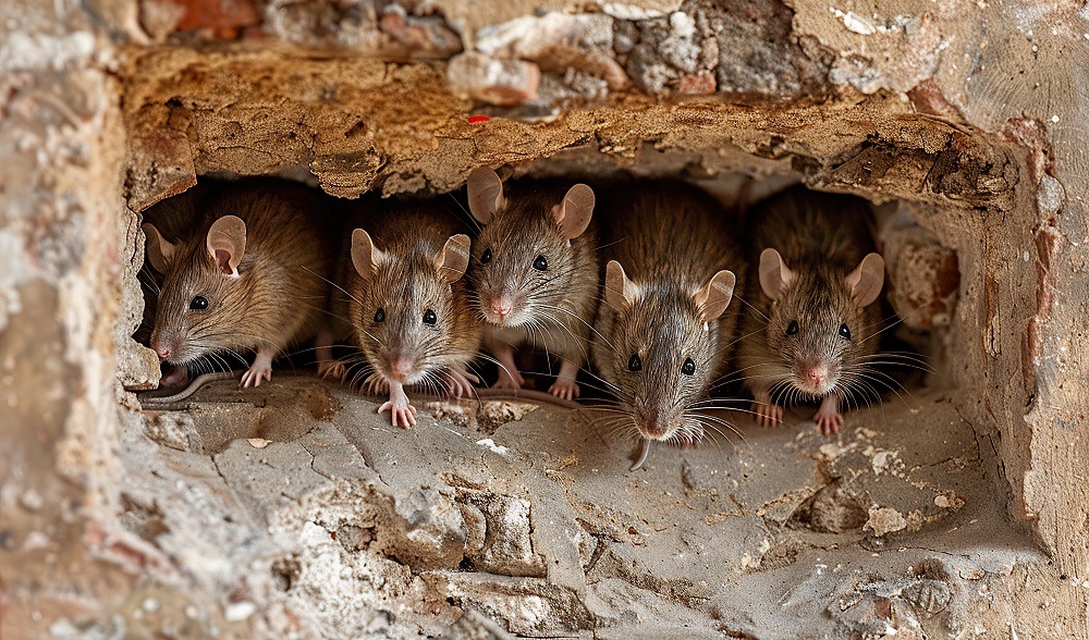 Five mice are huddled together in a hole in a wall.